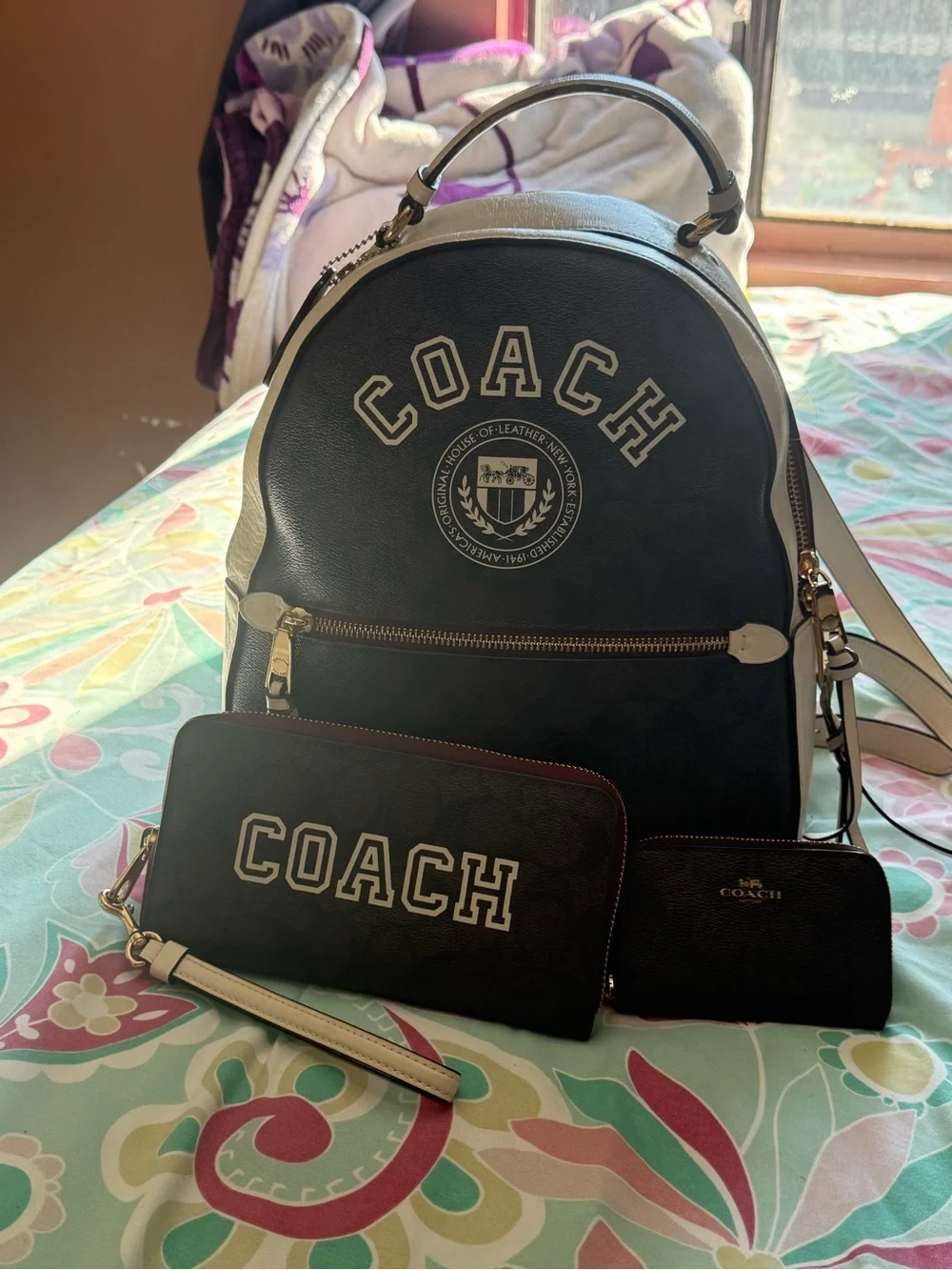 Coach Black and White Logo Backpack with Matching Black Wallets
